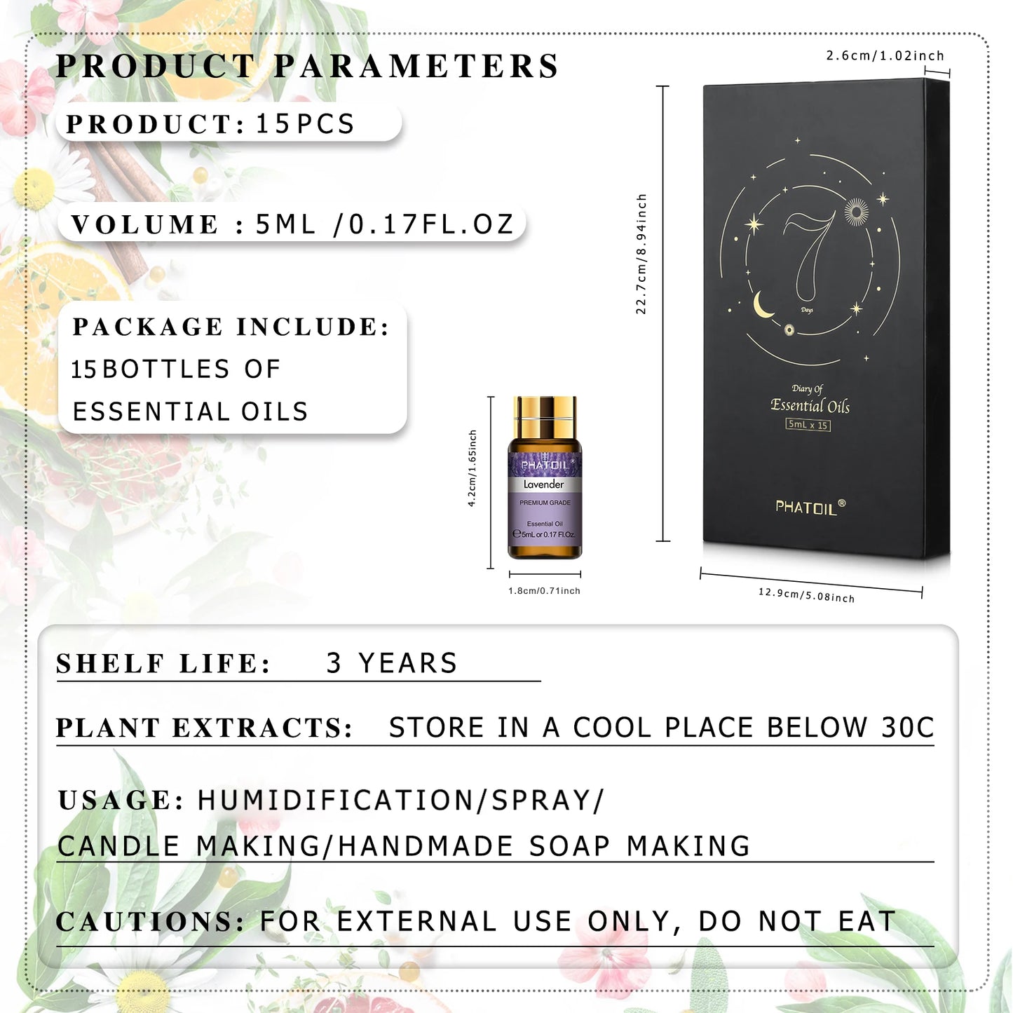 PHATOIL Essential Oils 15pcs Gift Set For Diffuser Lavender Eucalyptus Jasmine Sweet Orange Peppermint Vanilla 5ml Aroma Oils