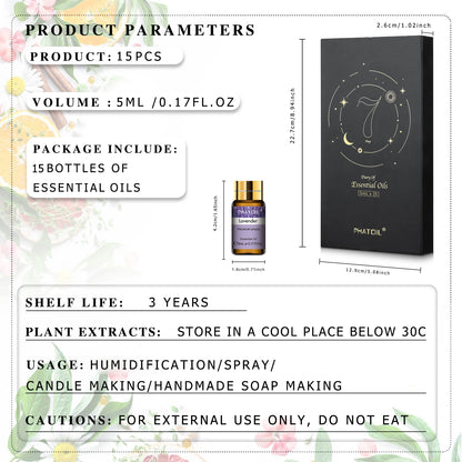 PHATOIL Essential Oils 15pcs Gift Set For Diffuser Lavender Eucalyptus Jasmine Sweet Orange Peppermint Vanilla 5ml Aroma Oils