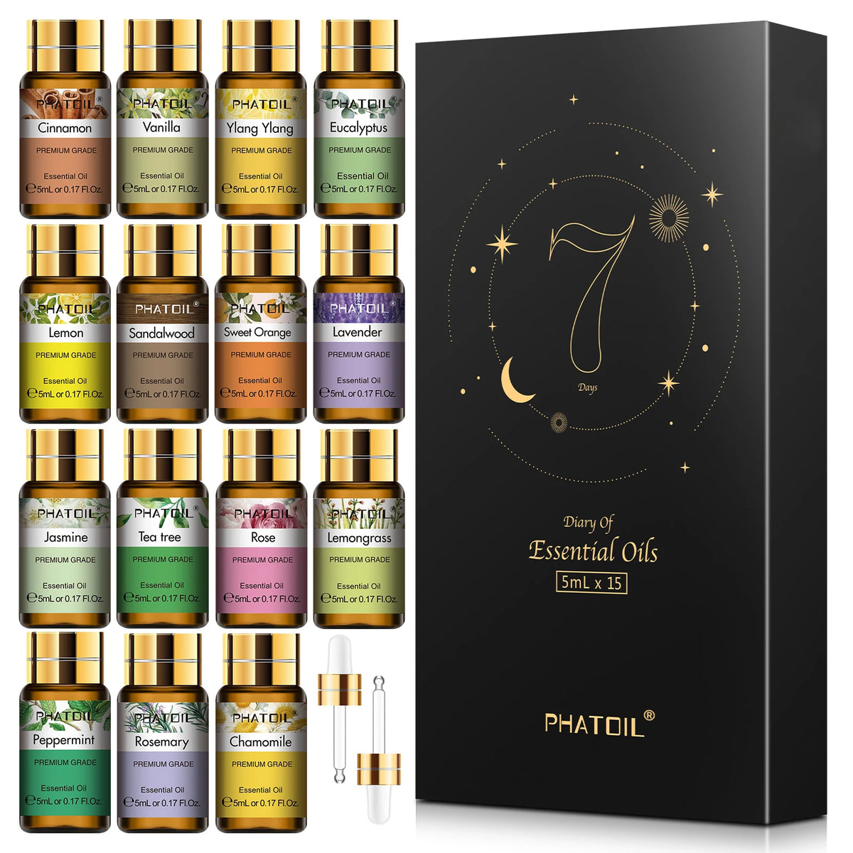 PHATOIL Essential Oils 15pcs Gift Set For Diffuser Lavender Eucalyptus Jasmine Sweet Orange Peppermint Vanilla 5ml Aroma Oils